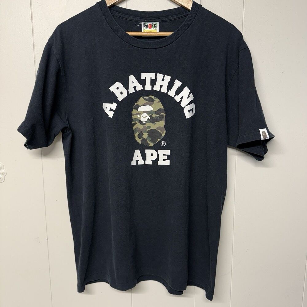 Vtg BAPE Nigo Era College Arch Logo Tee Black Single Stitch Men L EUC Authentic
